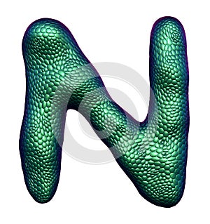 Letter N made of natural green snake skin texture isolated on white.