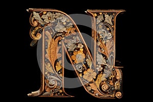 letter n, medieval manuscript style, on black background