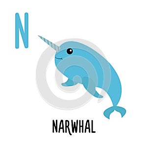 Letter N Narwhal. Animal and food alphabet for kids. Cute cartoon kawaii English abc. Funny Zoo Fruit Vegetable learning.