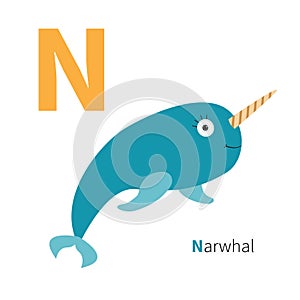 Letter N Narwhal Zoo alphabet. English abc with animals Education cards for kids White background Flat design