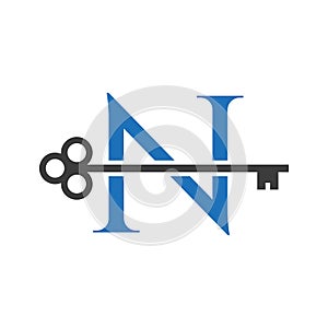 Letter N Real Estate Logo Concept With Home Lock Key Vector Template. Luxury Home Logo Key Sign