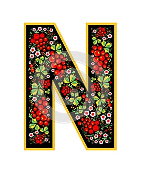Letter N in the Russian style. The style of Khokhloma on the font. A symbol in the style of a Russian doll on a white background.