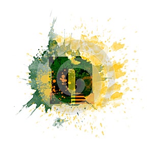 letter N typography design, dark green and yellow ink splash grunge watercolor splatter, isolated on white, grungy backgro photo