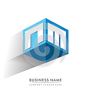 Letter NM logo in hexagon shape and blue background, cube logo with letter design for company identity