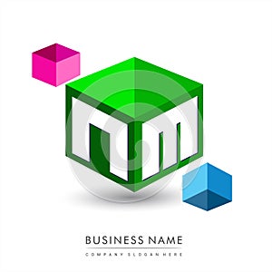 Letter NM logo in hexagon shape and green background, cube logo with letter design for company identity