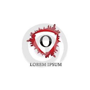 Letter O alphabet logo design template. Splash of blood with shield shape in the midle.  Initial abjad logo concept Isolated