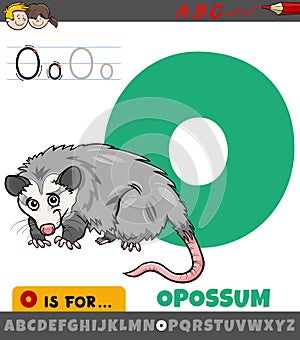 Letter O from alphabet with opossum animal