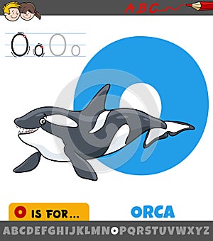 Letter O from alphabet with orca animal character