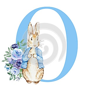 Letter O blue with watercolor cute rabbit with flowers