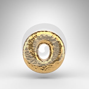 Letter O lowercase on white background. Hammered brass 3D letter with shiny metallic texture