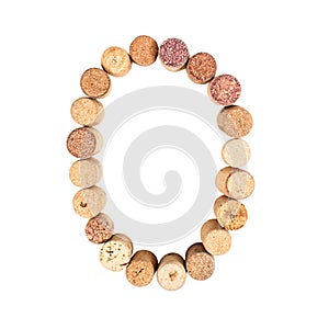 The letter `O` is made of wine corks. Isolated on white background