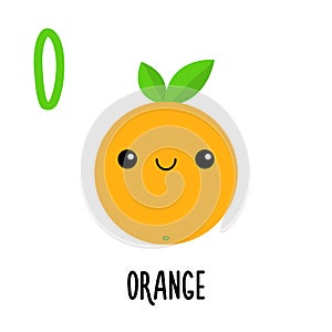 Letter O Orange. Animal and food alphabet for kids. Cute cartoon kawaii English abc. Funny Zoo Fruit Vegetable learning. Education