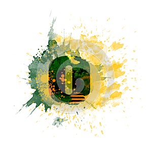 Letter O typography design, dark green and yellow ink splash grunge watercolor splatter, isolated on white, grungy backgro photo