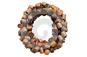 Letter O from wooden barrels, 3D rendering