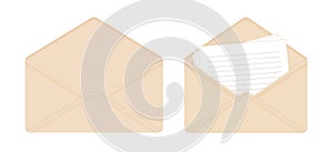 Letter in open beige envelope, blank sheets of paper, empty envelope.