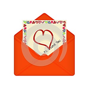 Letter in open red envelope on Valentine s Day. Postcard with frame of hearts on yellow background with text P.S. I love