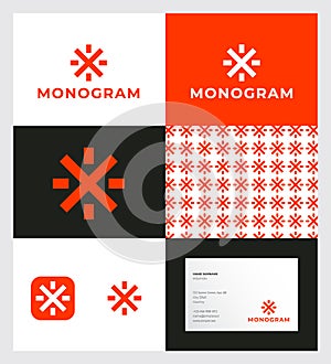 Letter X. Orange X monogram like snowflake. Corporate identity seamless pattern, app button and business card.