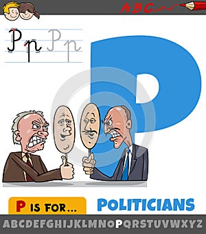 letter P from alphabet with cartoon politicians characters