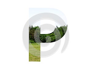 Letter P of the alphabet made with landscape with grass, forest and a blue sky
