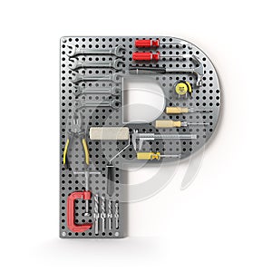 Letter P. Alphabet from the tools on the metal pegboard isolated photo
