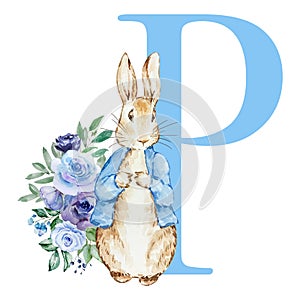 Letter P blue with watercolor cute rabbit with flowers