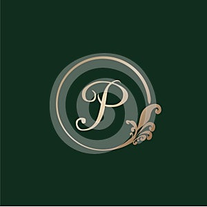 Letter P Decorative Alphabet Logo isolated on green Background. Luxury gold ring Initial Abjad Logo Design Template. Elegant Curl