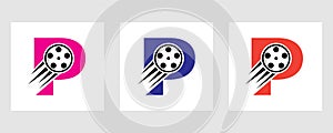 Letter P Film Logo Concept With Film Reel For Media Sign, Movie Director Symbol