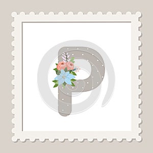 Letter P with flowers. Floral alphabet font uppercase