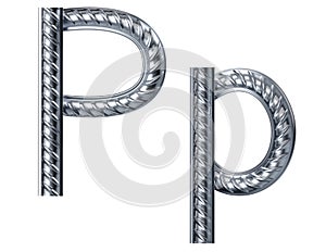 Letter p. font from construction rebar. 3D render