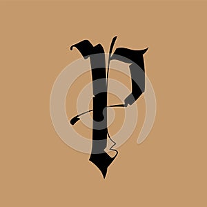 Letter P, in the Gothic style. Vector. Alphabet. The symbol is isolated on a golden background. Calligraphy and lettering.
