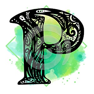 Letter P logo at colorful watercolor splash background. Vector elements for posters, t-shirts and cards. Design Vector