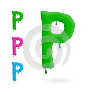 Letter P logo. Green, blue and pink character with drips. Dripping liquid symbol. Isolated vector.