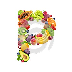 Letter P made of different fruits and berries, fruit font isolated on white background, healthy alphabet