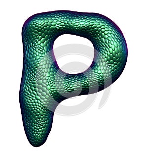 Letter P made of natural green snake skin texture isolated on white.
