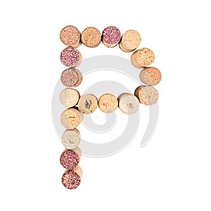 The letter `P` is made of wine corks. Isolated on white background