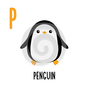 Letter P Penguin. Animal and food alphabet for kids. Cute cartoon kawaii English abc. Funny Zoo Fruit Vegetable learning.