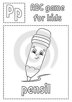 Letter P is for pensil . ABC game for kids. Alphabet coloring page. Cartoon character. Word and letter. Vector illustration