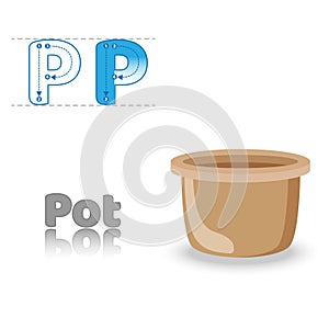 Letter P Pot English Alphabet Tracing Coloring book page.