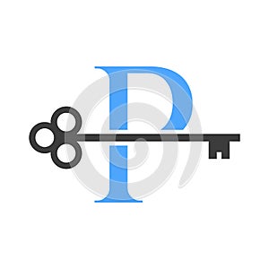 Letter P Real Estate Logo Concept With Home Lock Key Vector Template. Luxury Home Logo Key Sign