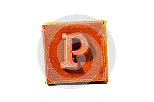 Letter P. Rubber stamp with wooden handle. Entire alphabet available