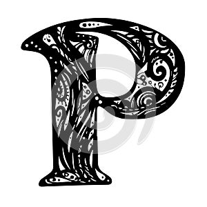 Letter P - Script. Vintage initials letter P Design Vector. Alphabet, Calligraphy, Typography, Monogram. Black and White ink art