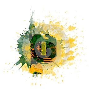 Letter P typography design, dark green and yellow ink splash grunge watercolor splatter, isolated on white, grungy backgro photo