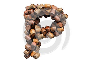 Letter P from wooden barrels, 3D rendering