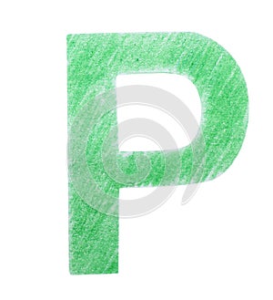 Letter P written with green pencil on background, top view