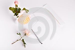 Letter, pen and white envelope on white background with pink english rose. Invitation cards or love letter. Birthday