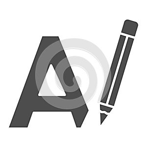 Letter A and pencil, writing solid icon, linguistics concept, big A drawing vector sign on white background, glyph style