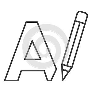 Letter A and pencil, writing thin line icon, linguistics concept, big A drawing vector sign on white background, outline photo