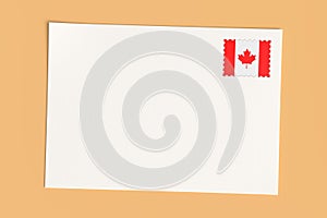 Letter Or Postcard From Canada: Blank White Card with Canadian Flag Postage Stamp, 3d Illustration