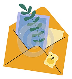 Letter and postcard. Postal paper element. Open envelope with card and postmark. Plant twig. Sending mail message. Post