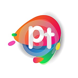Letter PT logo with colorful splash background, letter combination logo design for creative industry, web, business and company